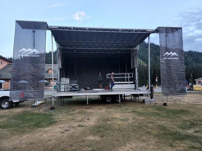 Towing a portable stage to Sun Peaks